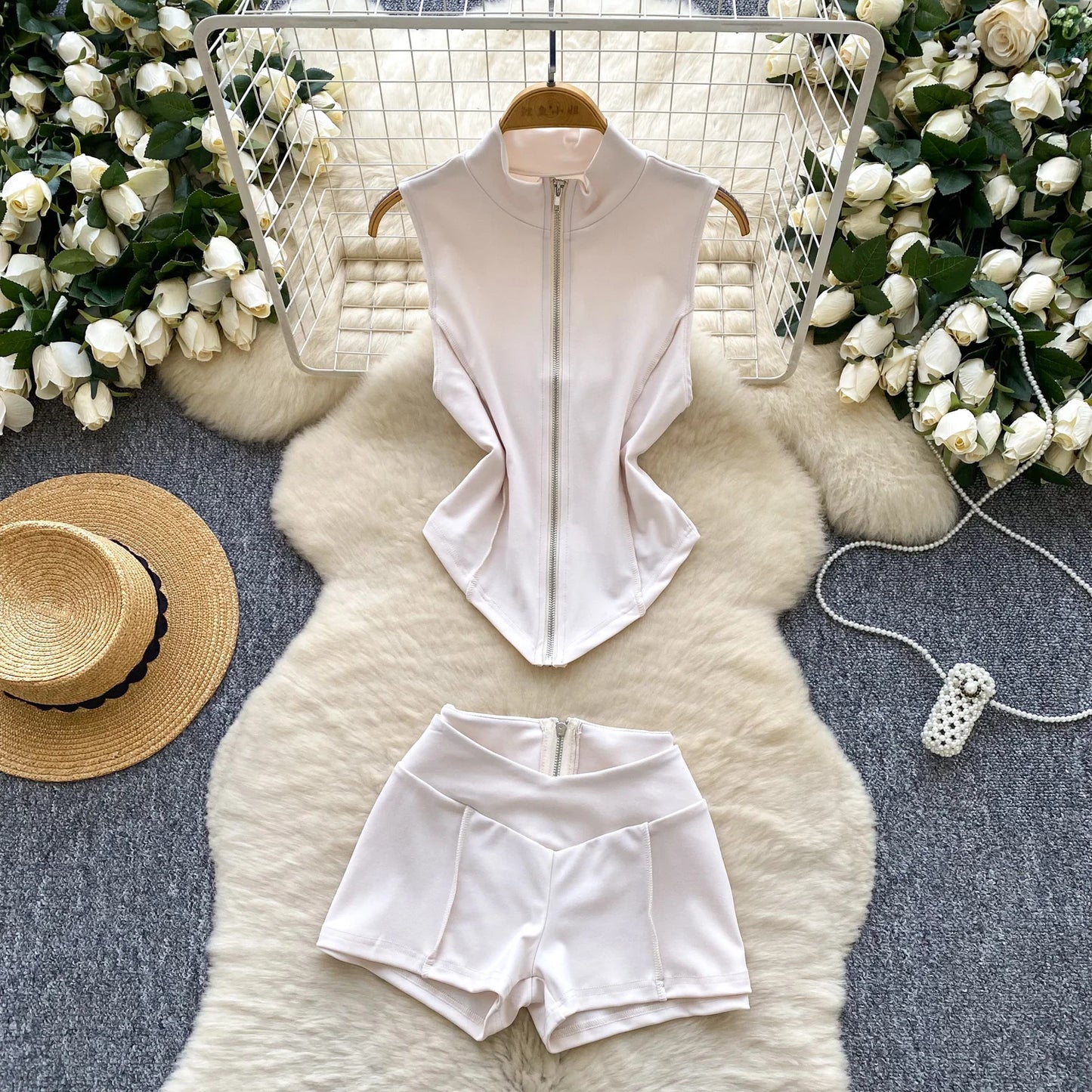 Female Zipper Stand Neck Top Shorts 2pcs Sets Women Summer Slim Stretch Sexy Party Nightclub Date Cafe Streetwear Solid Hot Sets