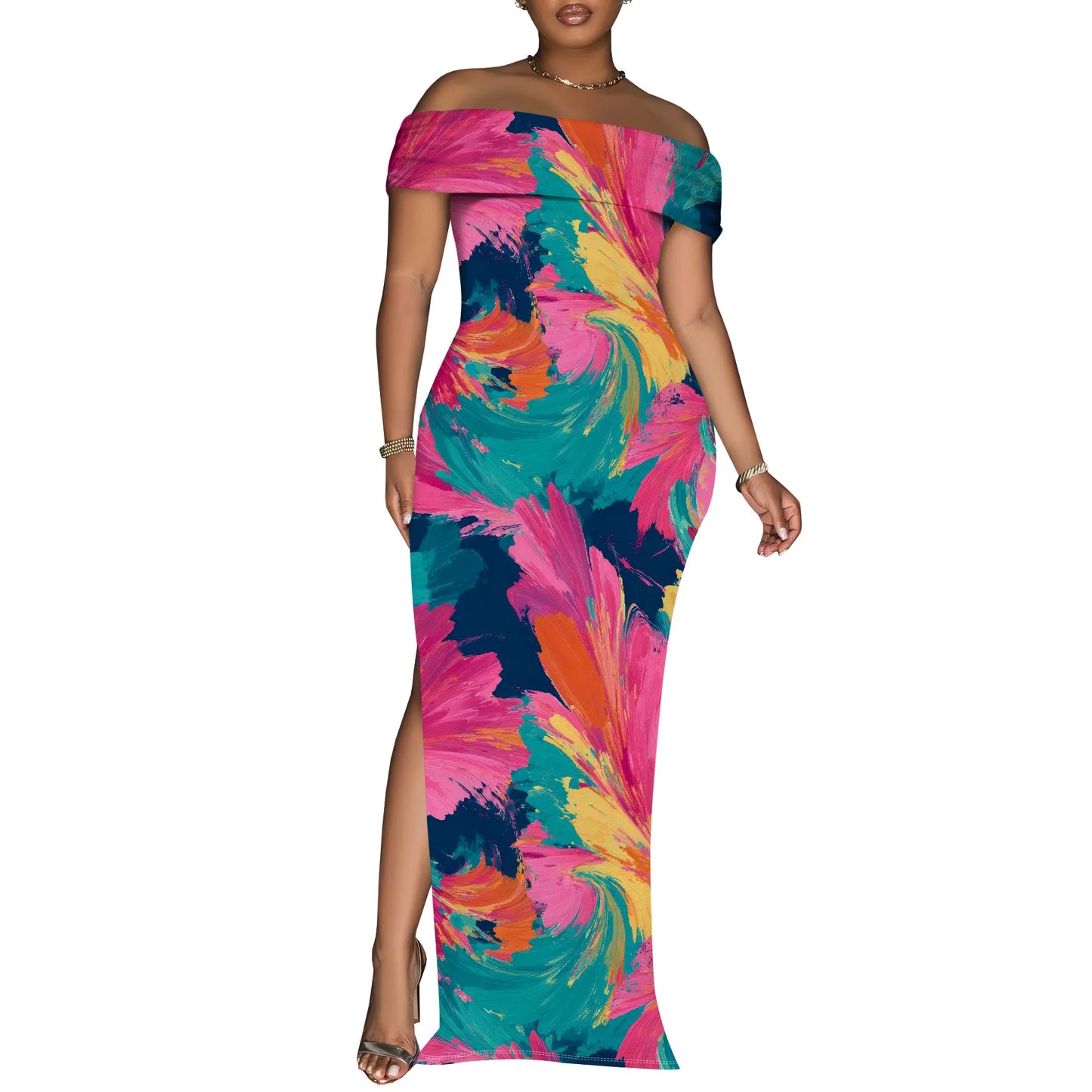 Women's Maxi Dresses Short Sleeve Floral Solid Summer Beach Dress Casual Loose   Side Split Long Dress with Pockets