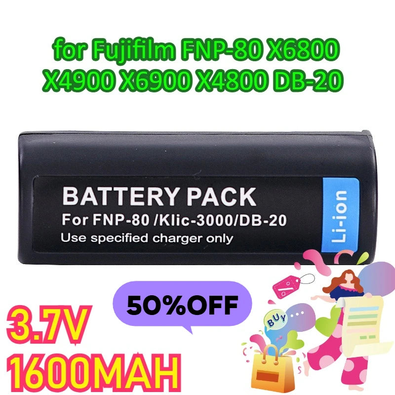 3.7V 1600MAH FNP80 NP80 Battery for Fujifilm FNP-80 X6800 X4900 X6900 X4800 DB-20 Camera Batteries