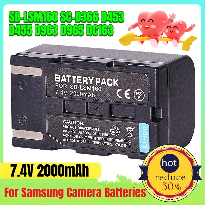 7.4V 2000mAh for Samsung SB-LSM160 SC-D366 D453 D455 D963 D965 DC163 165 Camera Batteries
