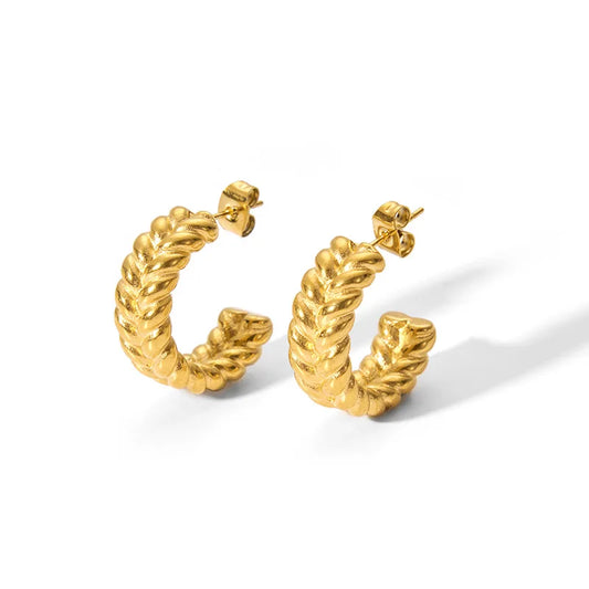 CARLIDANA New Trendy 18K Gold Plated Geometric Twisted Huggie Hoop C Shaped Stainless Steel Statement Earrings For Women
