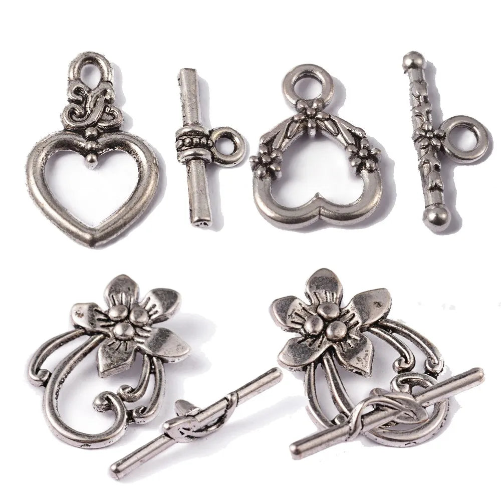 5 Sets Antique Silver OT Clasp Toggle End Closure Flower Heart Connector Ring For DIY Bracelet Necklace Jewelry Making Accessory