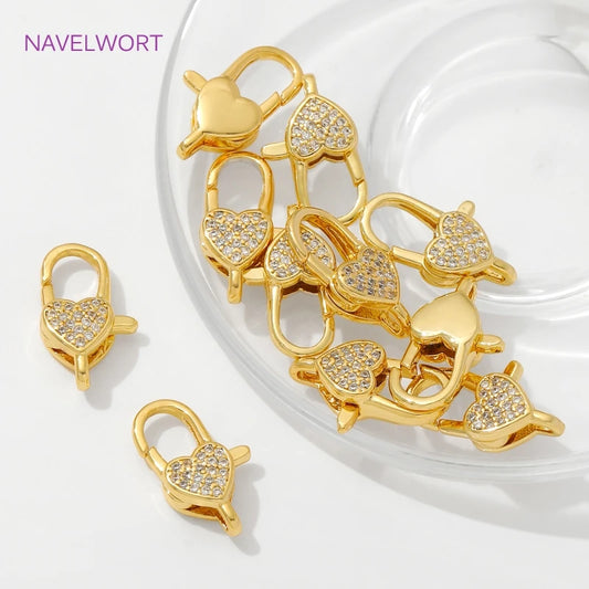 18K Gold Plated Inlaid Zircon Heart Lobster Clasps,Connectors For Jewelry,Clasp For Bracelet,DIY Jewelry Making Accessories