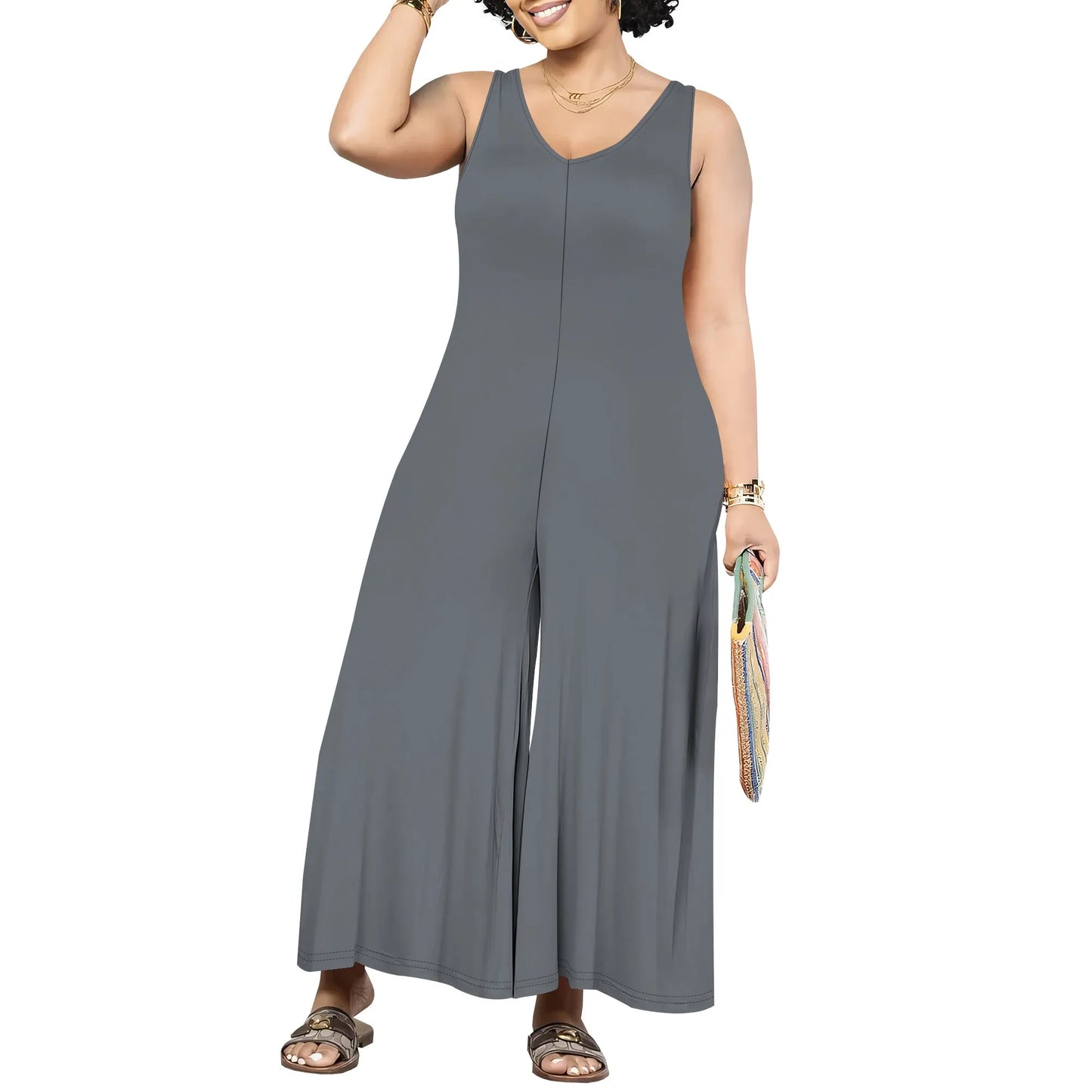 Women's Jumpsuits Overalls Wide Leg Casual 2025 Rompers Sleeveless Smocked One Piece High Waist Loose Fit with Pockets