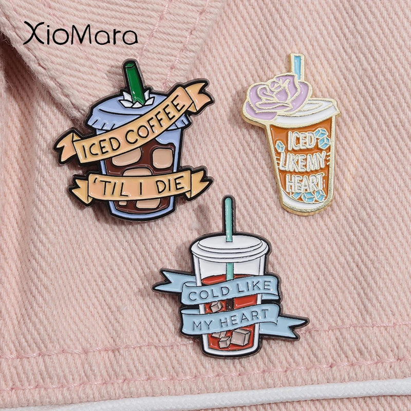 Iced Coffee Like My Heart Enamel Pin Collection Iced Coffee Til I Die Brooch Lapel Badge Coffee Addict Jewelry For Cafe Lover