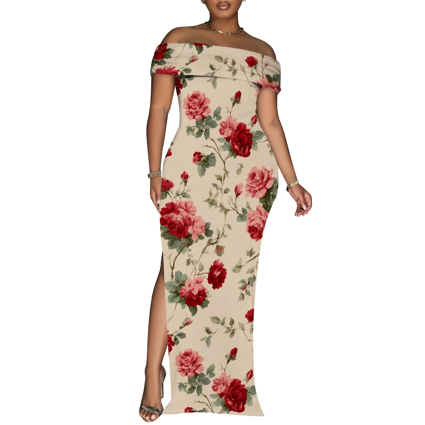 Women's Maxi Dresses Short Sleeve Floral Solid Summer Beach Dress Casual Loose   Side Split Long Dress with Pockets