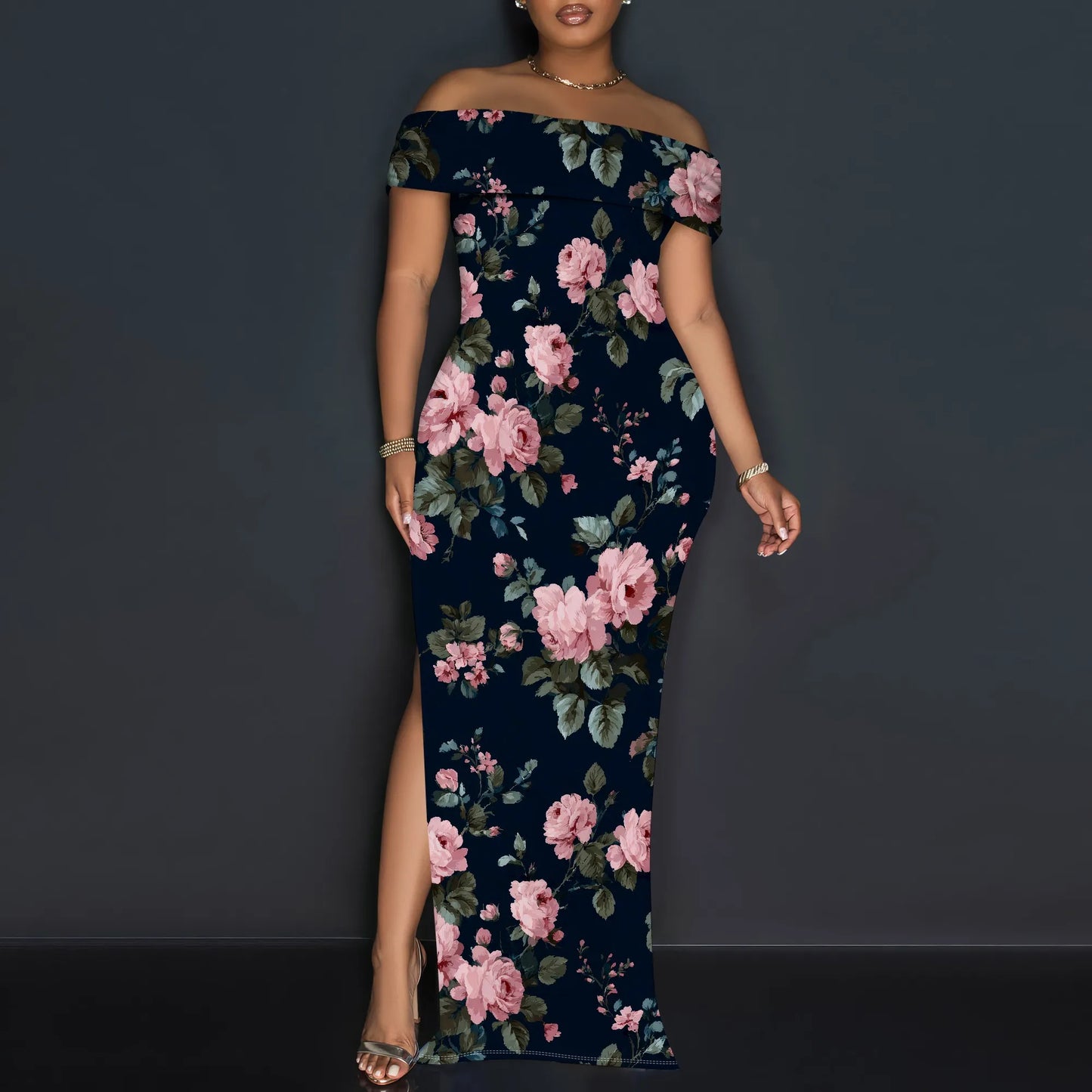 Women's Maxi Dresses Short Sleeve Floral Solid Summer Beach Dress Casual Loose   Side Split Long Dress with Pockets