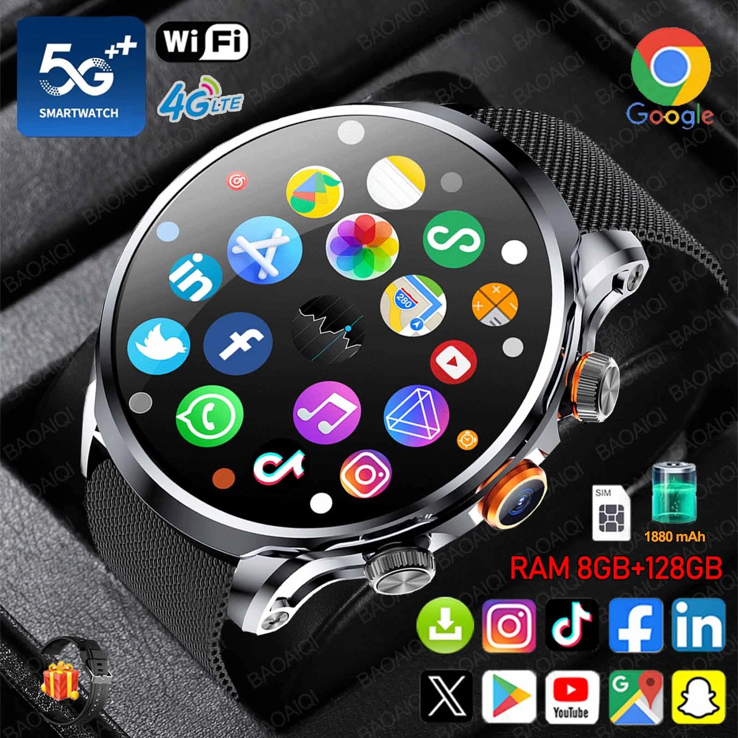 5G/4G Smart Watch 1.95 inch AMOLED 8GB+128GB RAM 800W Camera GPS WIFI Google APPS Download Heart Rate Smartwatch 1880mah Battery