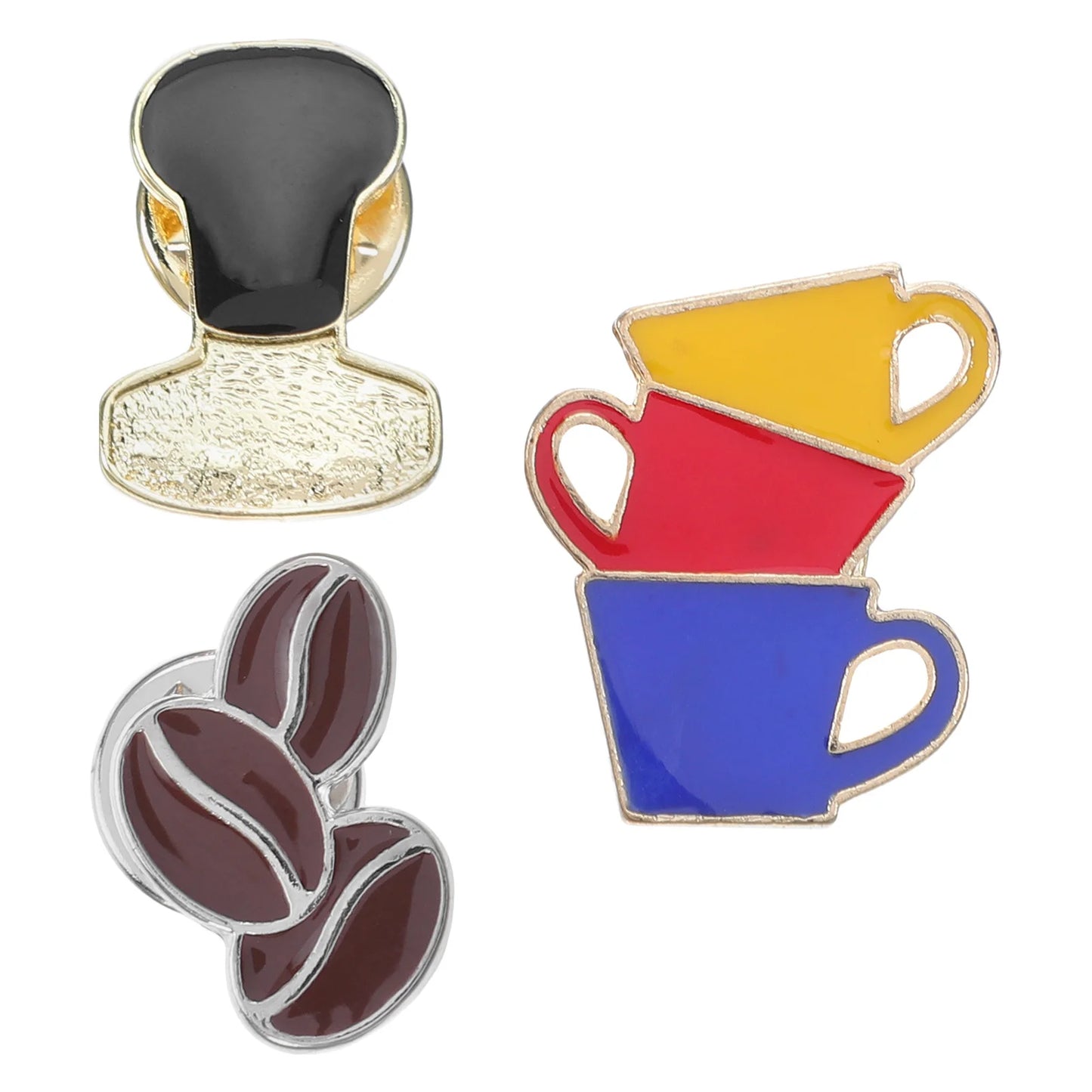 3Pcs Coffee Cup Brooch Pin Exquisite Metal Coffee Bean Tamper Lapel Pins for Hats Scarves Coats Cafe Themed Jewelry Accessories
