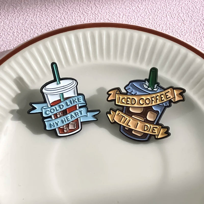 Iced Coffee Like My Heart Enamel Pin Collection Iced Coffee Til I Die Brooch Lapel Badge Coffee Addict Jewelry For Cafe Lover