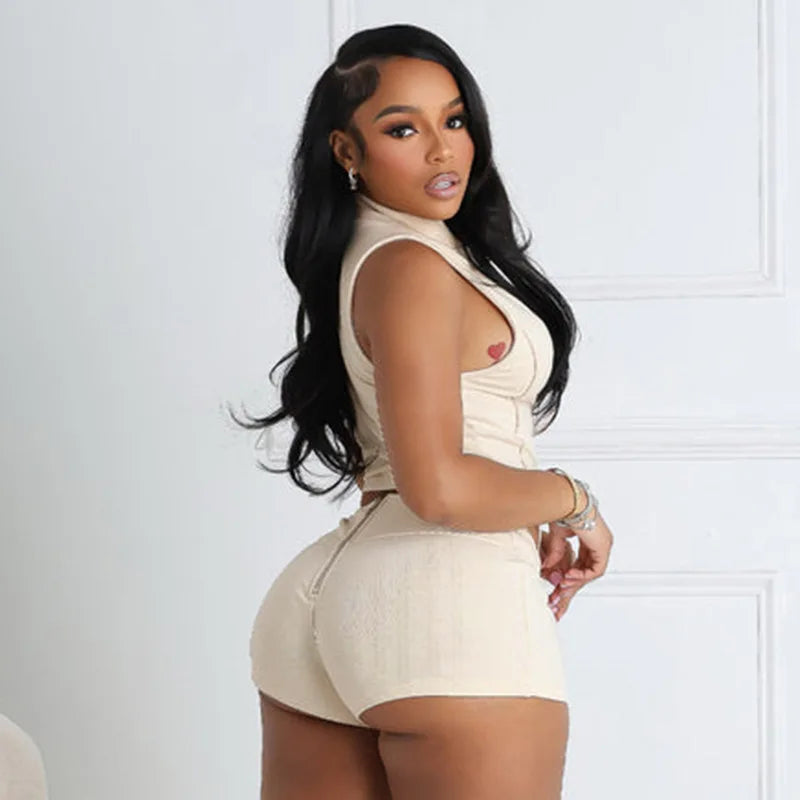 Female Zipper Stand Neck Top Shorts 2pcs Sets Women Summer Slim Stretch Sexy Party Nightclub Date Cafe Streetwear Solid Hot Sets