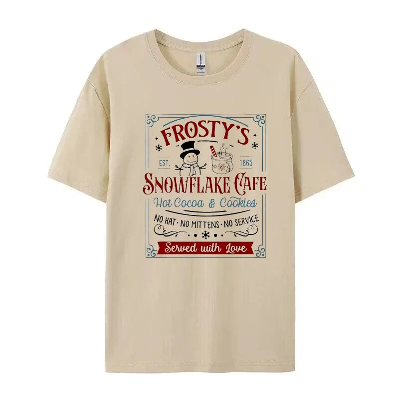 Women's Vintage Frosty Snowflake Cookie Graphic T-Shirt Pastel Pink Retro Cafe Tee for Parties Outfits Ladies Short Sleeve Shirt