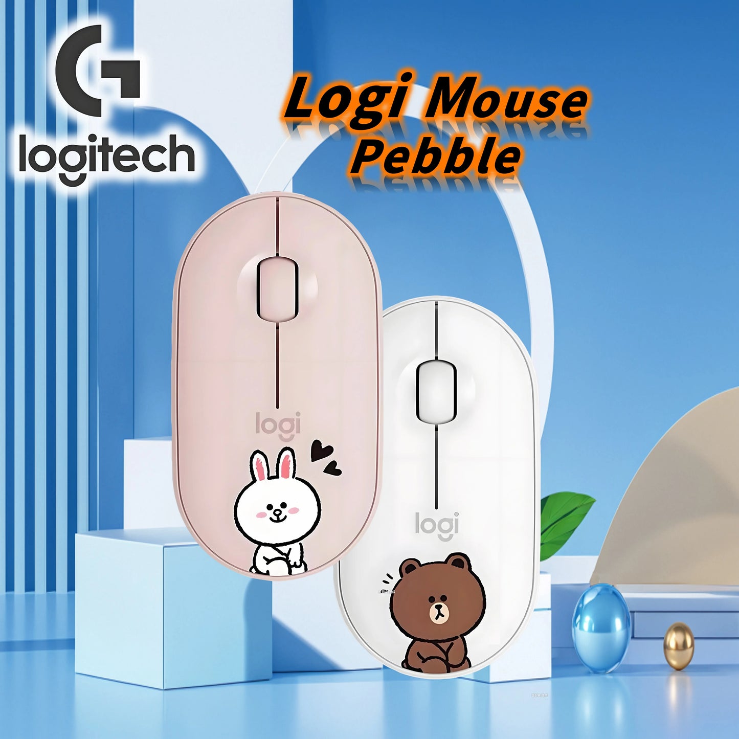 Logitech Pebble M350 Bear&Rabbit  Wireless Mouse: Cute Design, Perfect for Girls Easy for Laptop/Notebook/iPad/PC/Mac