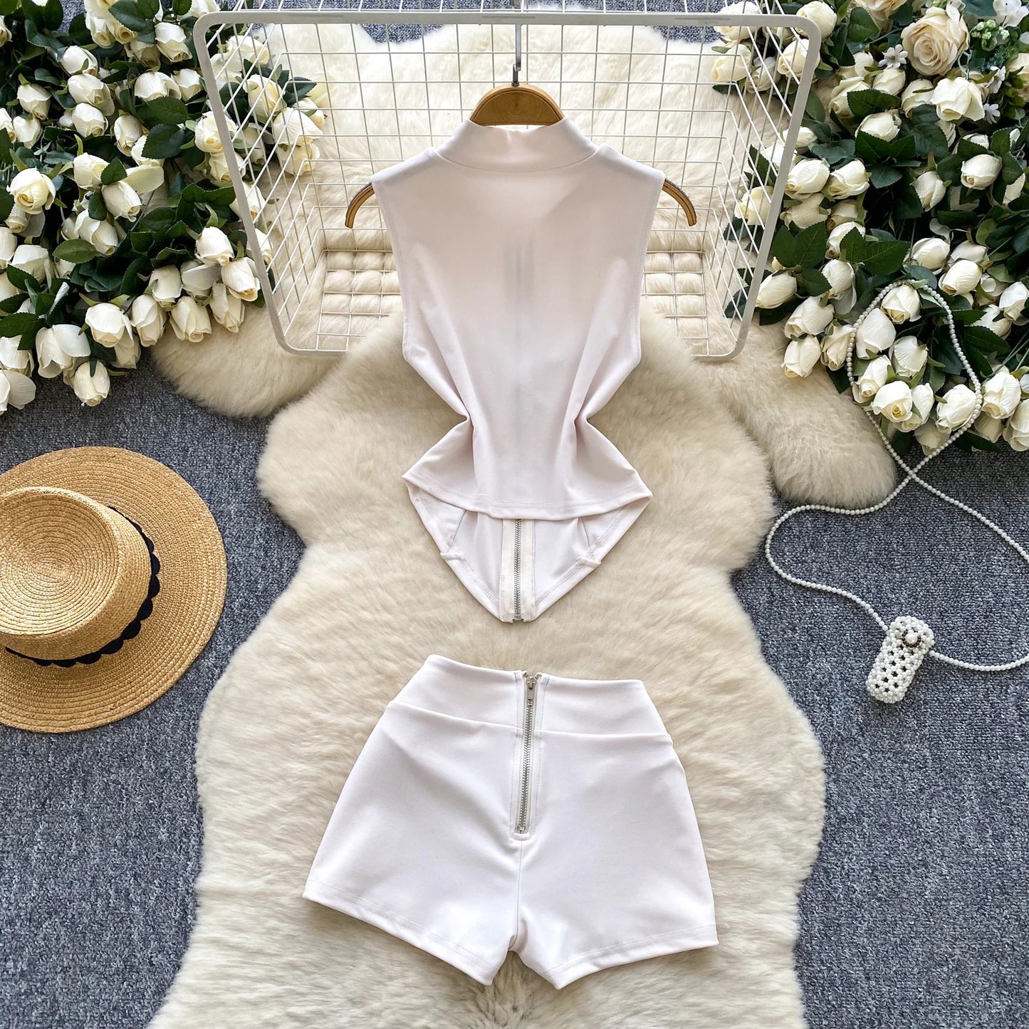 Female Zipper Stand Neck Top Shorts 2pcs Sets Women Summer Slim Stretch Sexy Party Nightclub Date Cafe Streetwear Solid Hot Sets