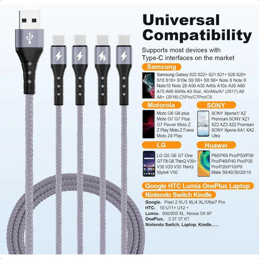 Multi USB C Cable Fast Charging [4FT 2 Pack] QC 3.0 3A USB C Splitter Cable 4 in 1 Charger Cord with 4 Type C Ports for iPhone