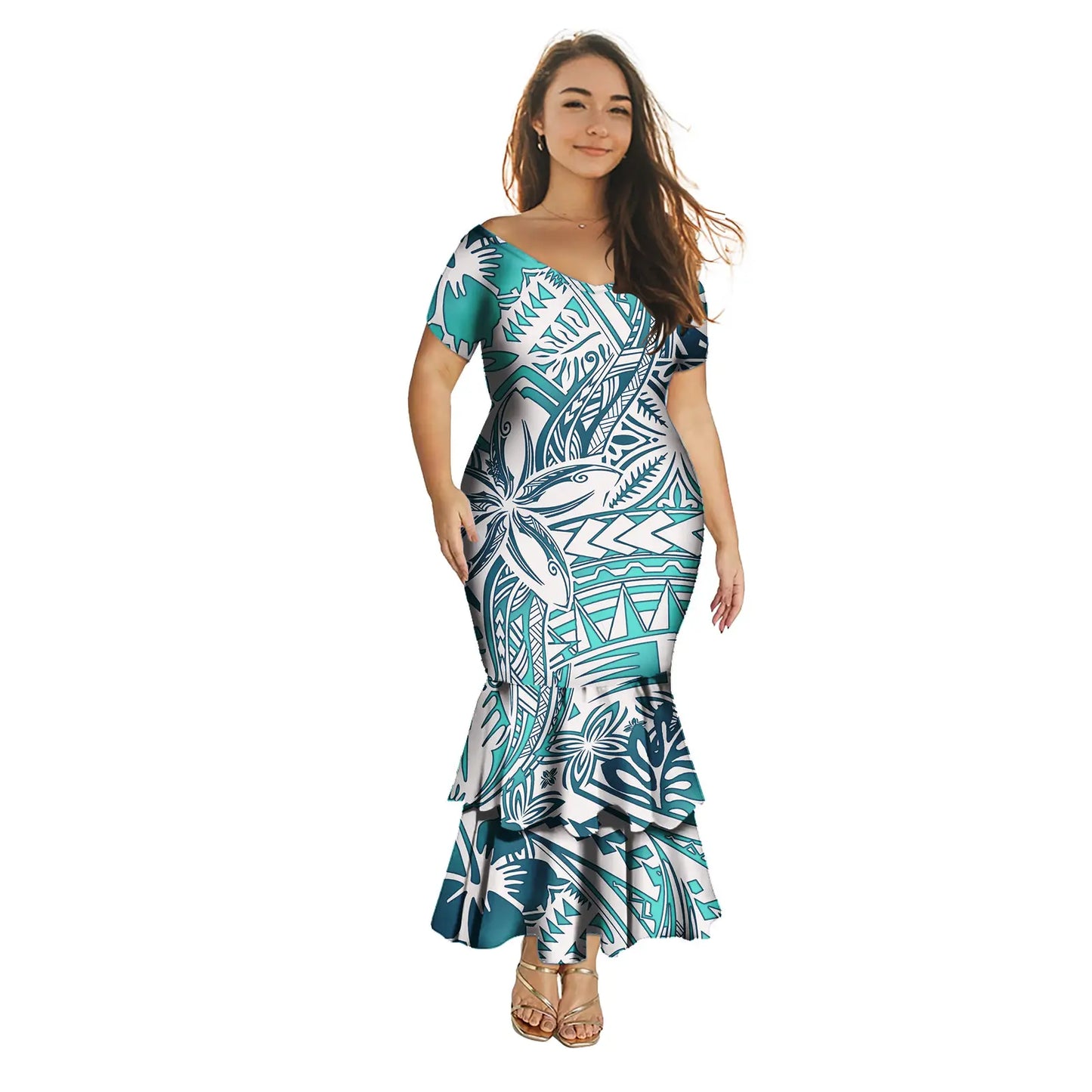 Fashion Puletasi Polynesian Dress for Women Luxury Print Maxi Mermaid Evening Dress Sexy Off Shoulder Dresses