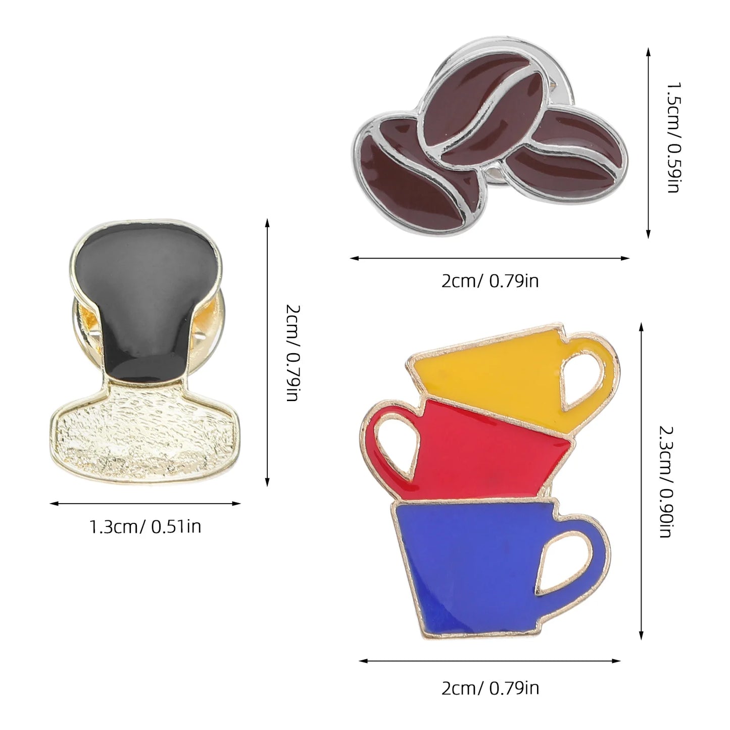 3Pcs Coffee Cup Brooch Pin Exquisite Metal Coffee Bean Tamper Lapel Pins for Hats Scarves Coats Cafe Themed Jewelry Accessories