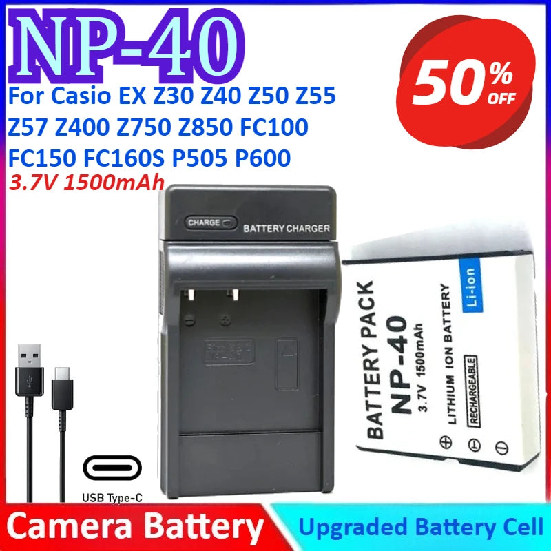 NP-40 3.7V 1500mAh Camera Battery+Charger For Casio EX Z30 Z40 Z50 Z55 Z57 Z400 Z750 Z850 FC100 FC150 FC160S P505 P600 P700